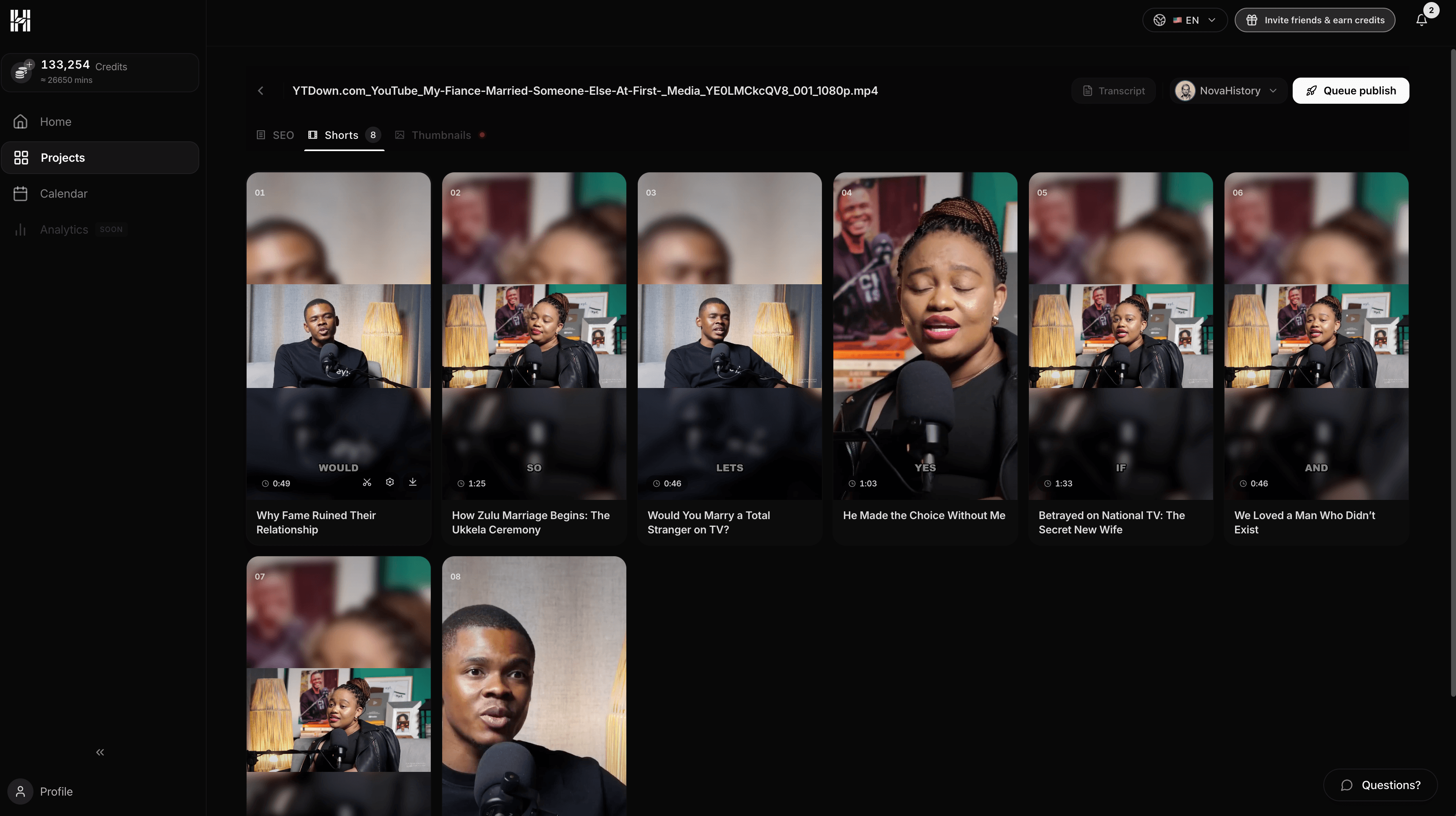HypeNest processing result showing AI-selected high-retention clip moments