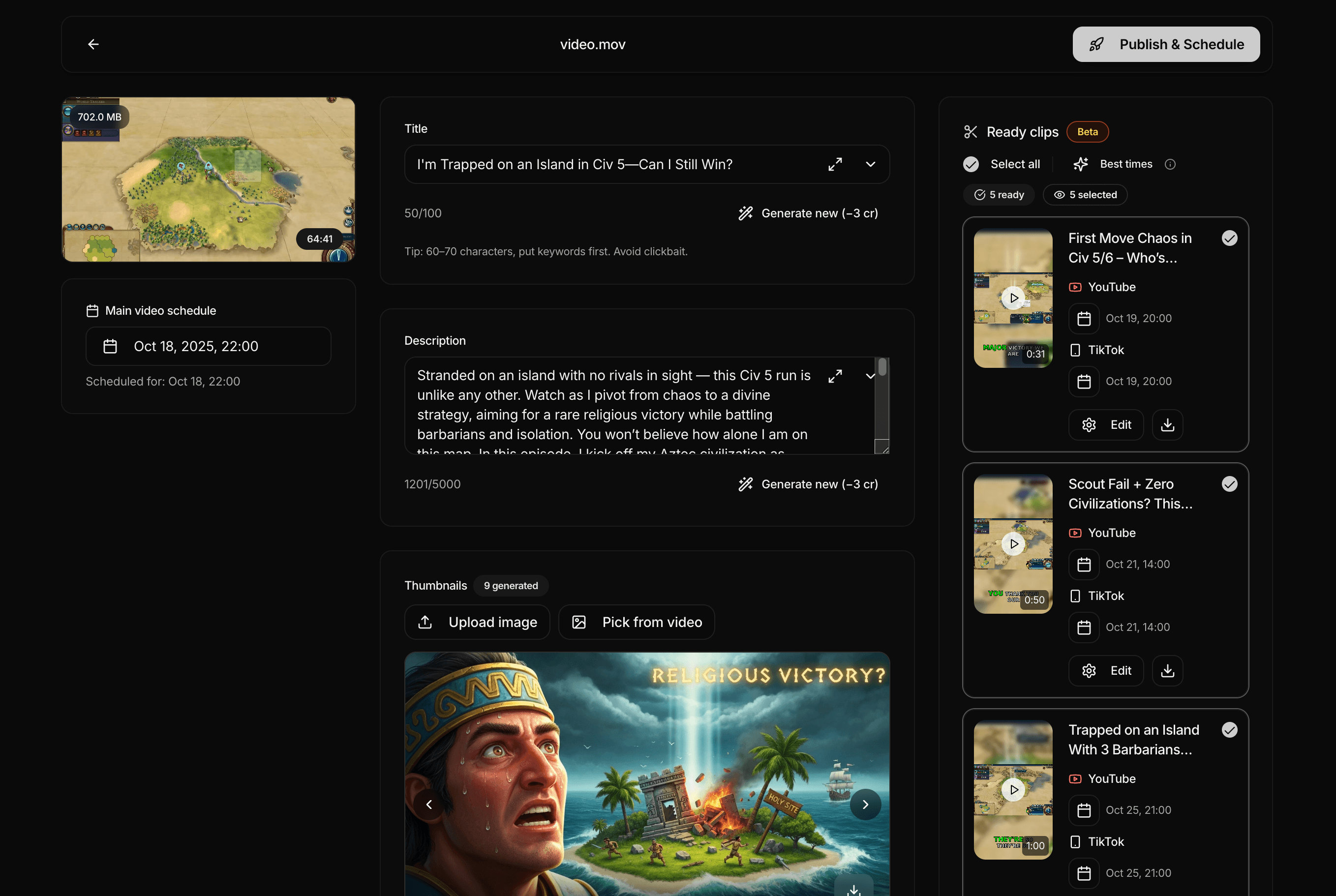 HypeNest application interface showing video scheduling and content management